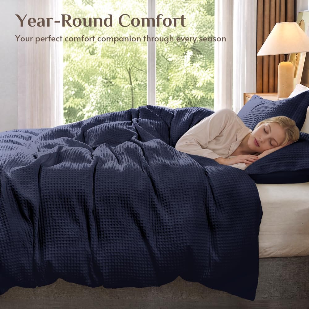 JOLLYVOGUE Waffle Wave Duvet Cover Set Queen Size, 3-Piece, Navy