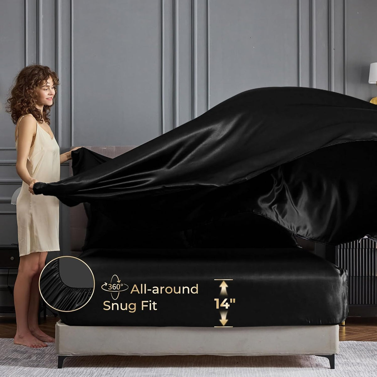 Sasttie Satin Sheets Black Queen Size - 4 Pieces Luxury Soft Black Silky Bed Sheets Set with Pillowcases - Smooth Silk-Like Satin Fwabric, Reinforced 14 Inches Pocket, Oeko-Tex Certified