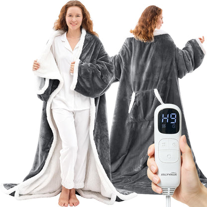 JOLLYVOGUE Wearable Heated Blanket - Heating Electric Blanket with Sleeves & Foot Pocket, Heated Throw for Adult, Birthday Gifts with 7 Heat Settings & Fixed 4h Auto Shut-Off (50 * 70 Inch, Blue)
