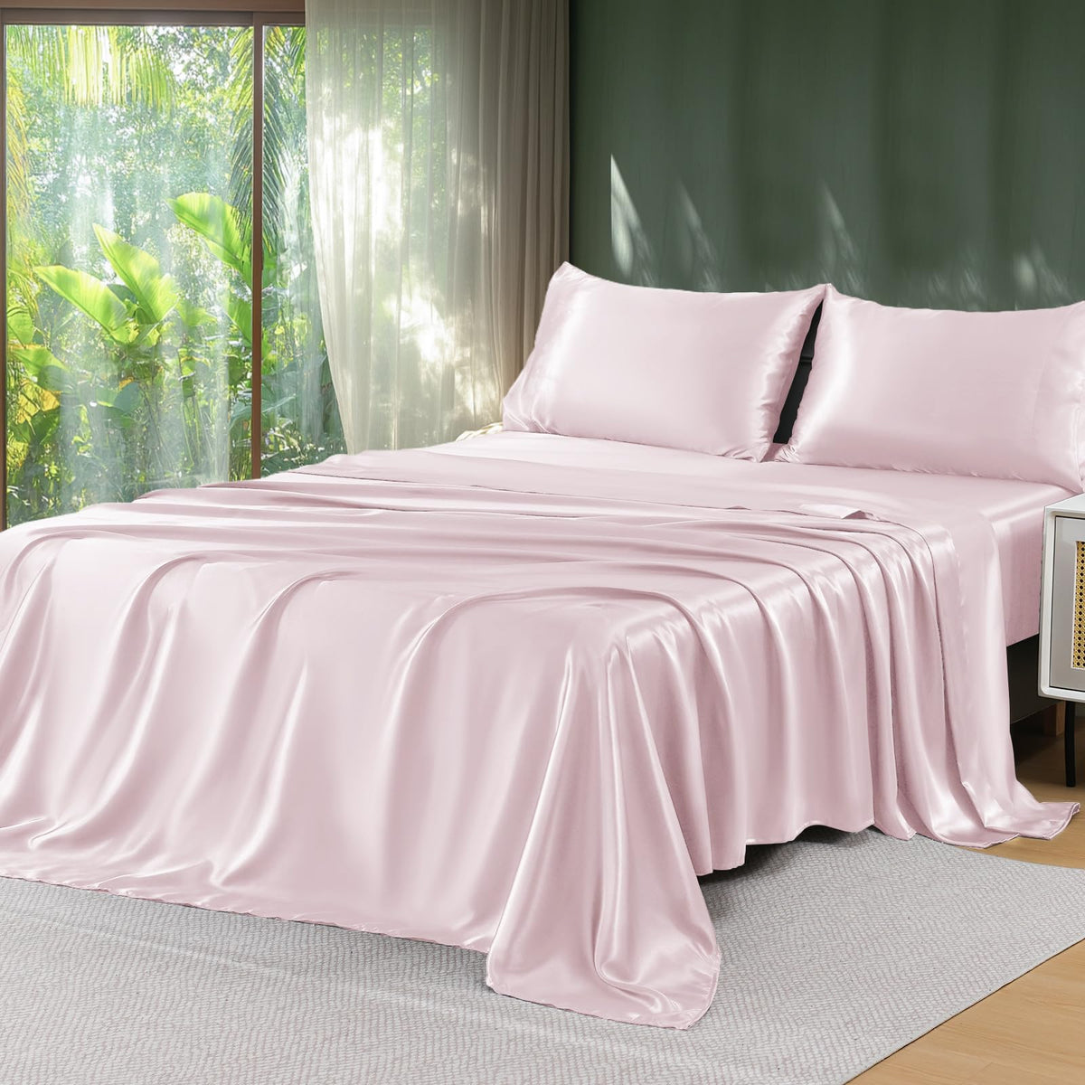 Sasttie Satin Sheets Black Queen Size - 4 Pieces Luxury Soft Black Silky Bed Sheets Set with Pillowcases - Smooth Silk-Like Satin Fwabric, Reinforced 14 Inches Pocket, Oeko-Tex Certified