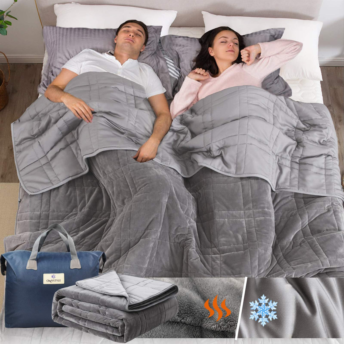 Reversible Weighted Blanket 48''x72'' 15lbs for Adults, Warm Short Plush and Cool Tencel Fabric Double-Sided Weighted Blanket for All Season Use - Carry Bag Included