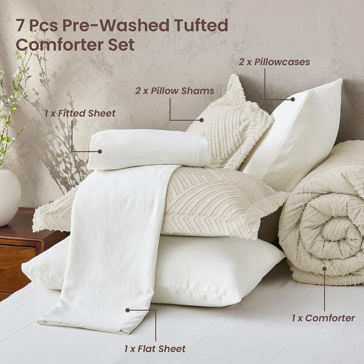 JOLLYVOGUE Queen Comforter Set 7-Piece, Boho Tufted Bed in a Bag, Beige