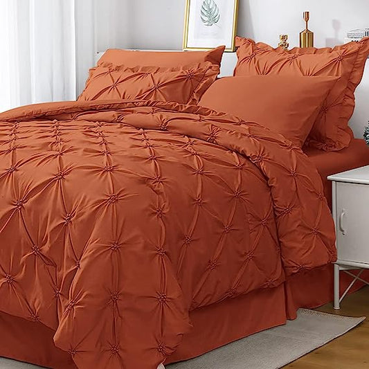 JOLLYVOGUE Comforter Set, Pintuck Burnt Orange Bed in a Bag Comforter Set for Bedroom, Bedding Comforter Sets with Comforter, Sheets, Bed Skirt, Ruffled Shams & Pillowcases