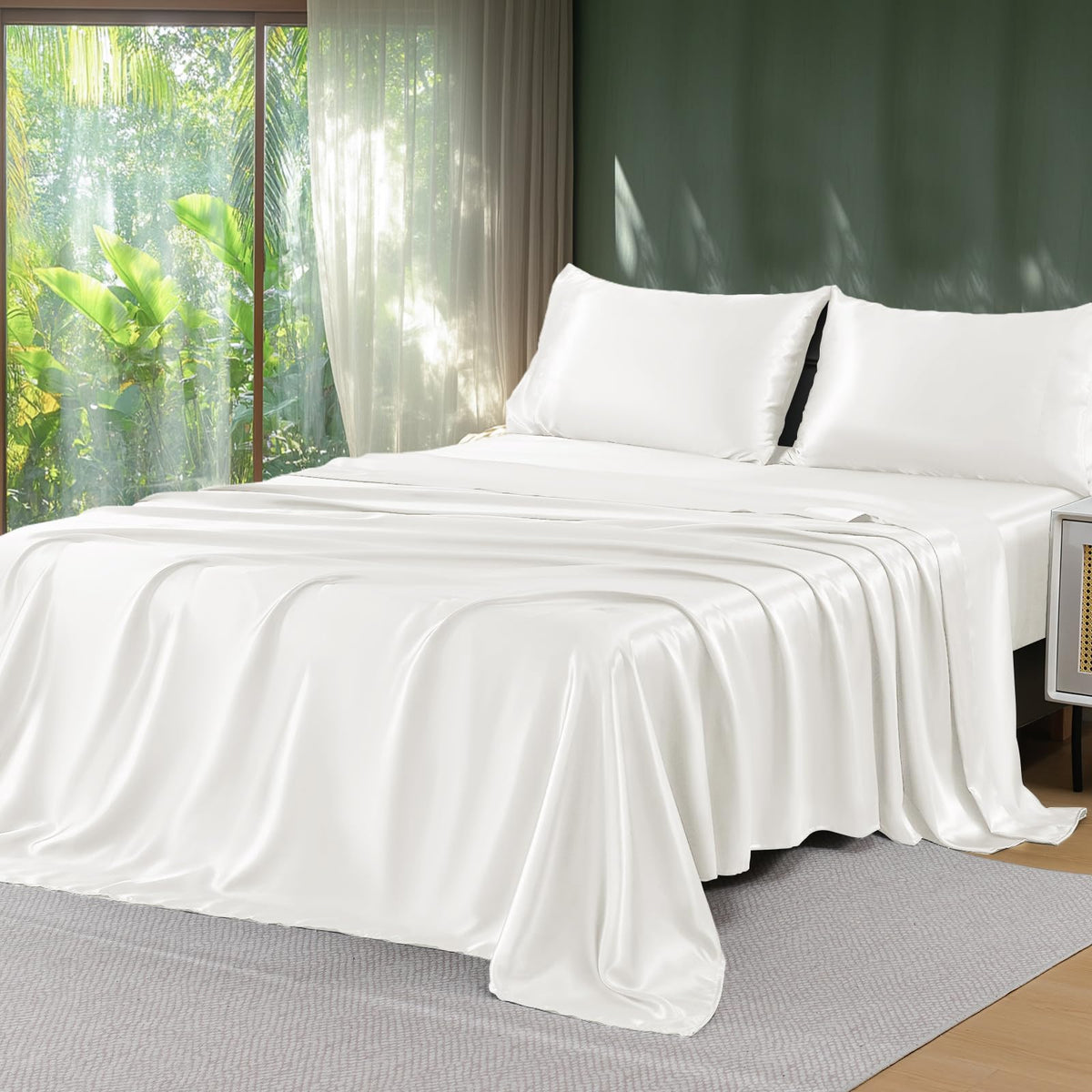 Sasttie Satin Sheets Black Queen Size - 4 Pieces Luxury Soft Black Silky Bed Sheets Set with Pillowcases - Smooth Silk-Like Satin Fwabric, Reinforced 14 Inches Pocket, Oeko-Tex Certified