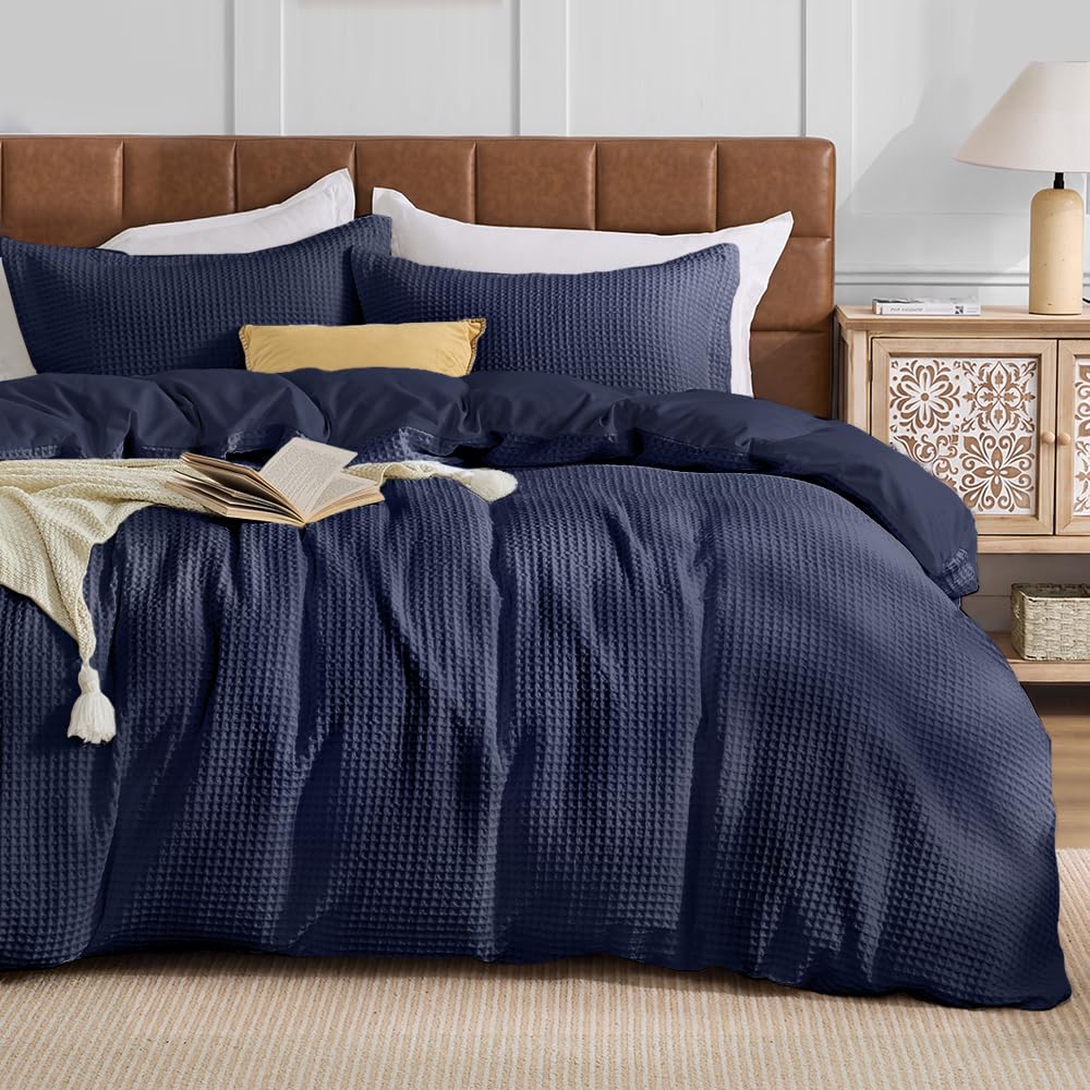 JOLLYVOGUE Waffle Wave Duvet Cover Set Queen Size, 3-Piece, Beige