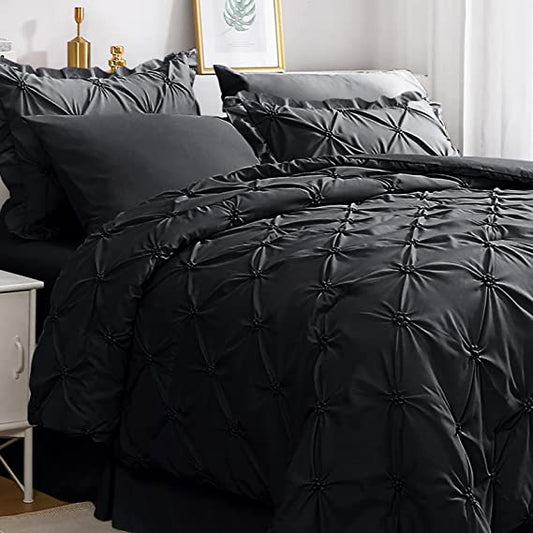 JOLLYVOGUE Comforter Set, Pintuck Black Bed in a Bag Comforter Set for Bedroom, Bedding Comforter Sets with Comforter, Sheets, Bed Skirt, Ruffled Shams & Pillowcases