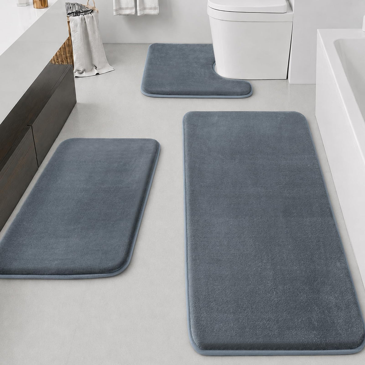 HUXMEYSON Bathroom Rugs Sets 3 Piece, Non-Slip & Quick Dry Bath Mat Set, Ultra Soft Velvet Bath Rugs for Bathroom, Toilet and Shower Floor, Grey