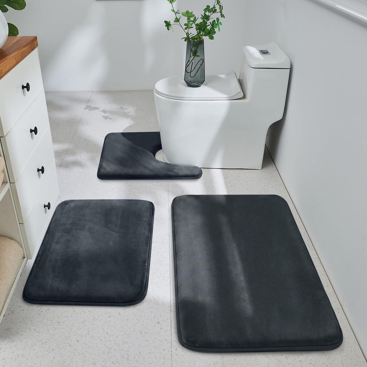 HUXMEYSON 3-Piece Memory Foam Bathroom Rug Set, Black
