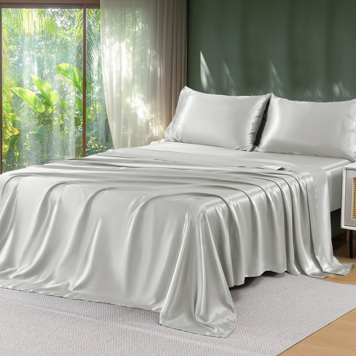 Sasttie Satin Sheets Black Queen Size - 4 Pieces Luxury Soft Black Silky Bed Sheets Set with Pillowcases - Smooth Silk-Like Satin Fwabric, Reinforced 14 Inches Pocket, Oeko-Tex Certified