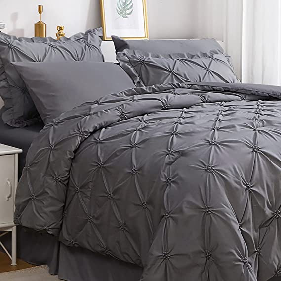 JOLLYVOGUE Comforter Set, Pintuck Dark Grey Bed in a Bag Comforter Set for Bedroom, Beddding Sets with Comforter, Sheets, Bed Skirt, Ruffled Shams & Pillowcases