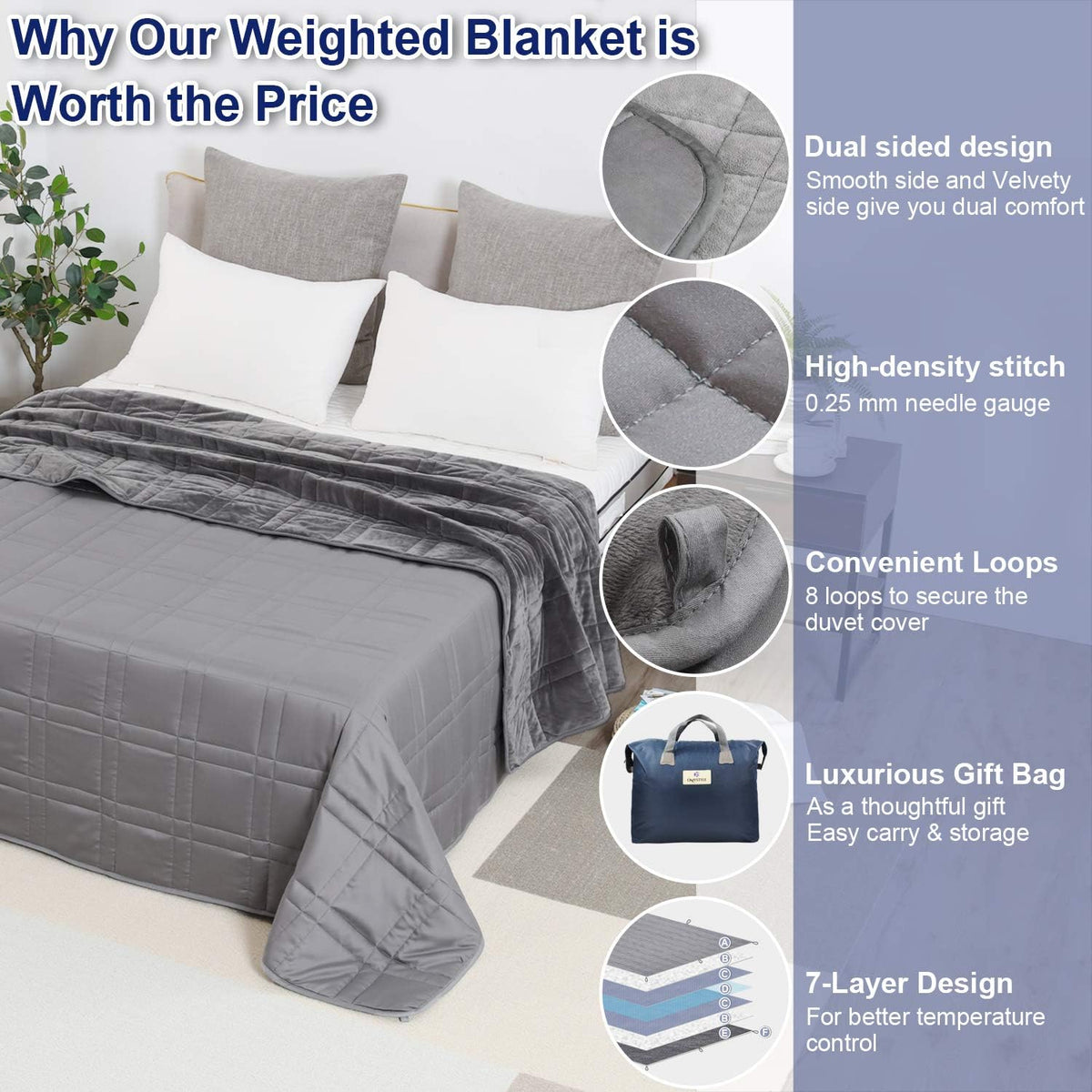 Reversible Weighted Blanket 48''x72'' 15lbs for Adults, Warm Short Plush and Cool Tencel Fabric Double-Sided Weighted Blanket for All Season Use - Carry Bag Included