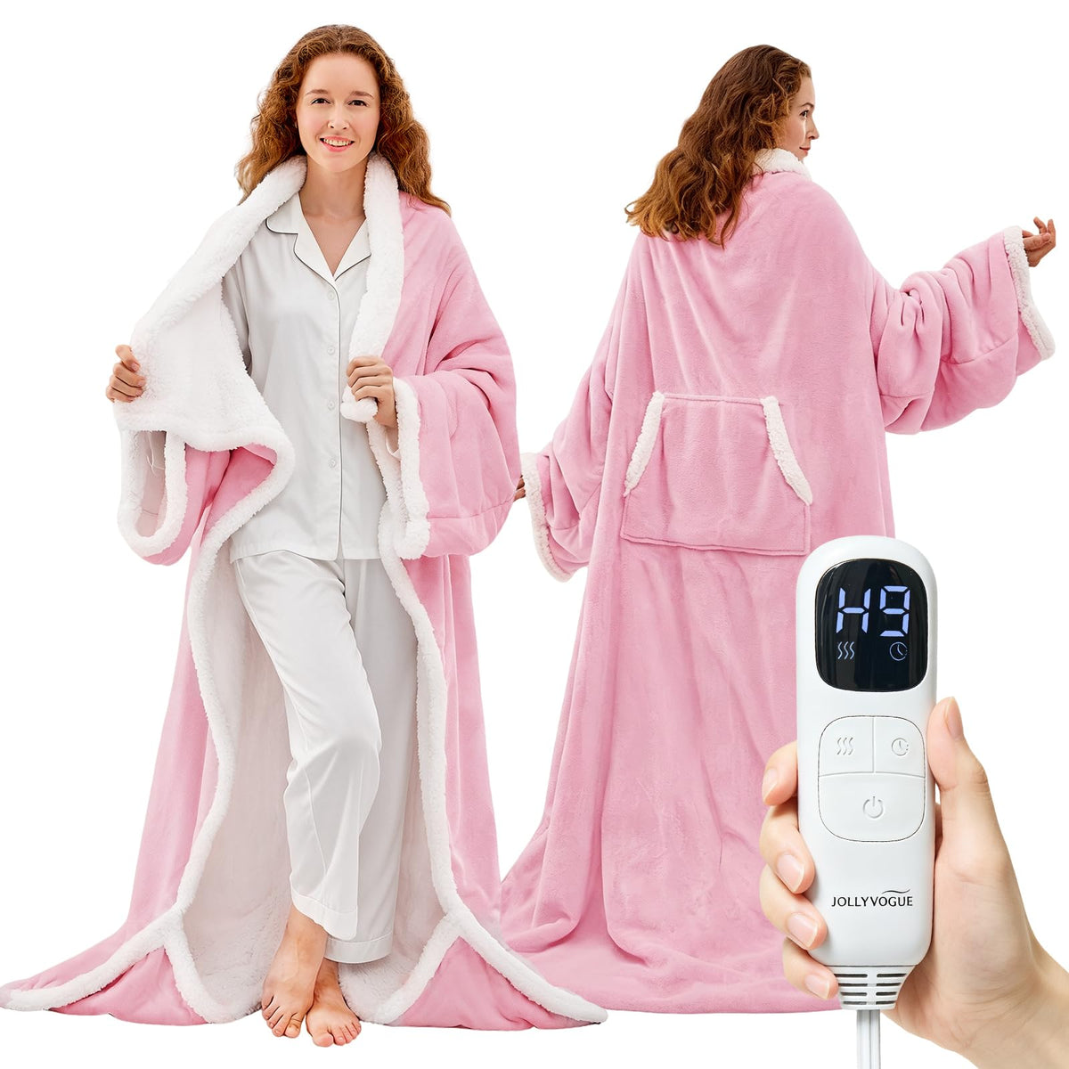 JOLLYVOGUE Wearable Heated Blanket - Heating Electric Blanket with Sleeves & Foot Pocket, Heated Throw for Adult, Birthday Gifts with 7 Heat Settings & Fixed 4h Auto Shut-Off (50 * 70 Inch, Blue)