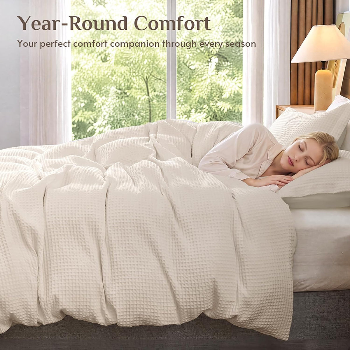 JOLLYVOGUE Waffle Wave Duvet Cover Set Queen Size, 3-Piece, Beige