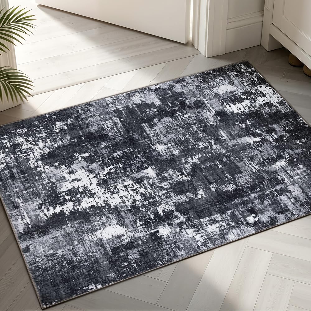 Sasttie 8x10 Washable Area Rug, Modern Abstract Large Carpet, Black & White