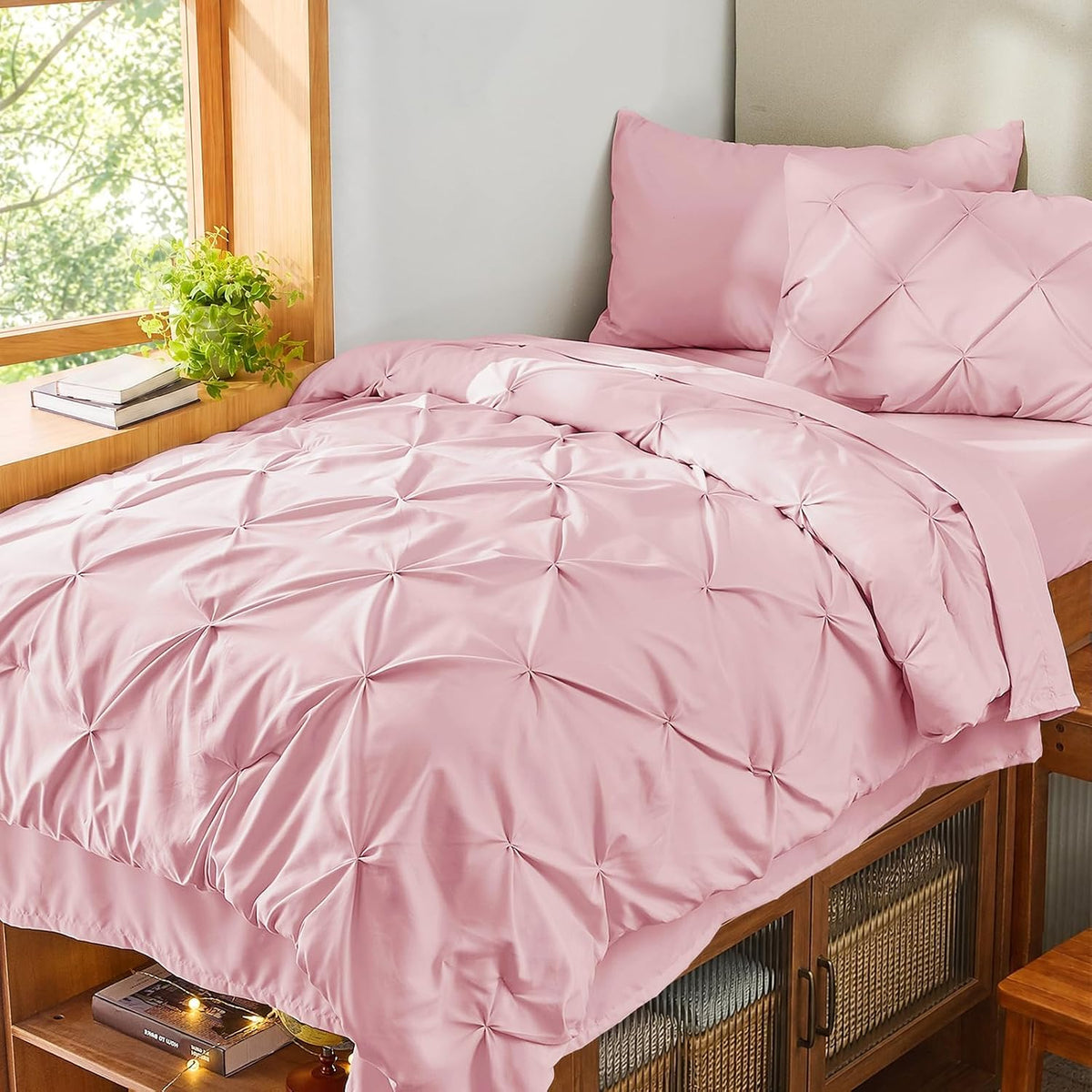 Sasttie Twin Comforter Set, 5-Piece Bed in a Bag, Pintuck Bedding Sets for All Season, Includes Comforter, Flat Sheet, Fitted Sheet, Pillowcase and Pillowsham, Baby Pink
