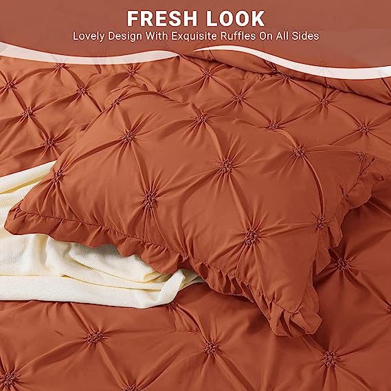 JOLLYVOGUE Comforter Set, Pintuck Burnt Orange Bed in a Bag Comforter Set for Bedroom, Bedding Comforter Sets with Comforter, Sheets, Bed Skirt, Ruffled Shams & Pillowcases