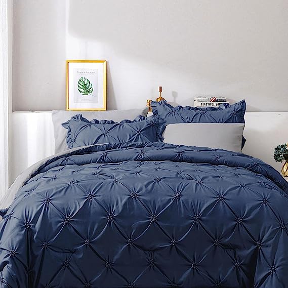 JOLLYVOGUE Comforter Set, Navy Blue/Gray Bed in a Bag Comforter Set for Bedroom, Bedding Comforter Sets with Comforter, Sheets, Bed Skirt, Ruffled Shams & Pillowcases
