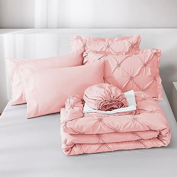 JOLLYVOGUE Comforter Set, Pintuck Pink Bed in a Bag Comforter Set for Bedroom, Bedding Comforter Sets with Comforter, Sheets, Bed Skirt, Ruffled Shams & Pillowcases