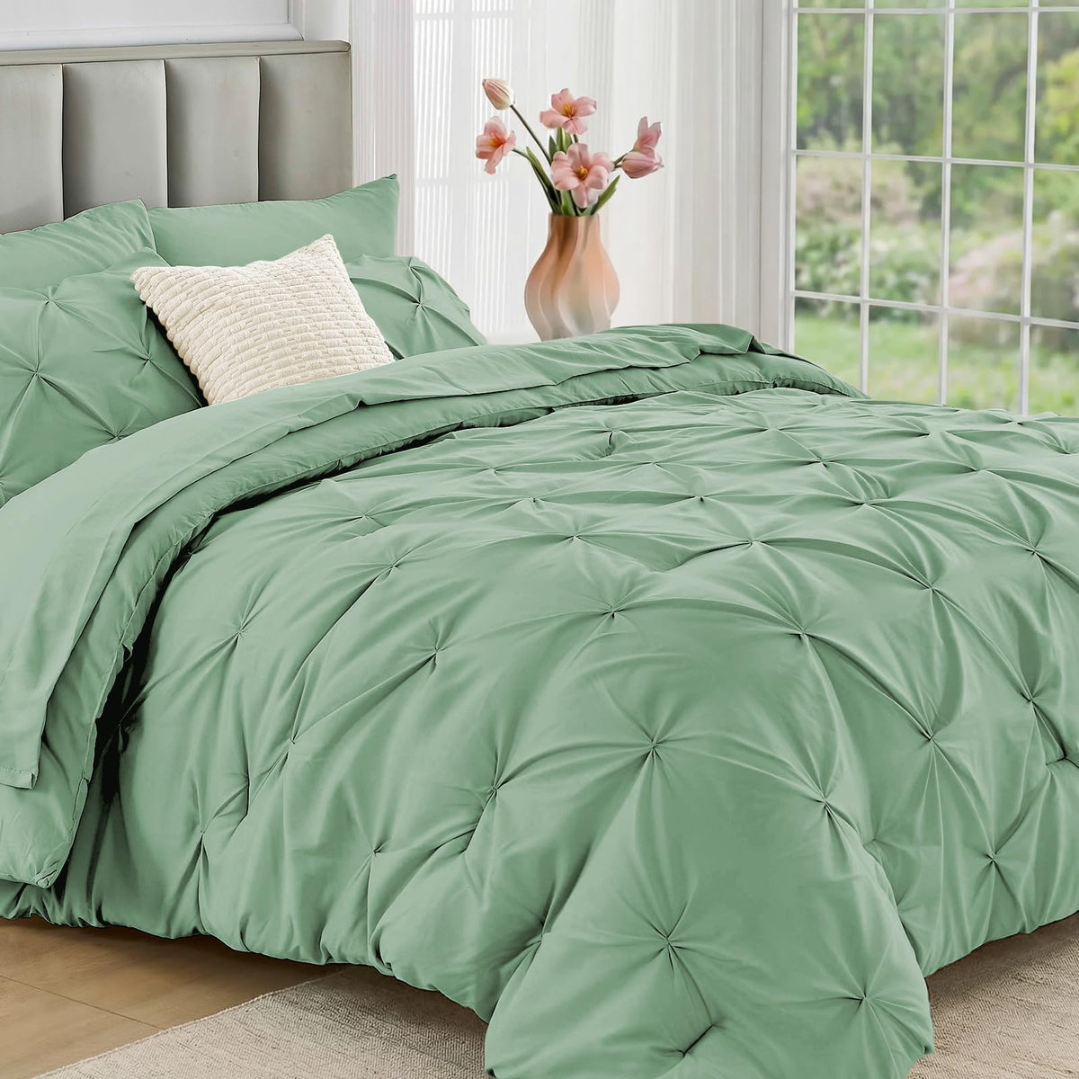 JOLLYVOGUE Twin Comforter Set 5 Pieces - Bed in a Bag Twin for All Season, Pintuck Bedding Comforter Sets with Comforter, Flat Sheet, Fitted Sheet and Pillowcases & Shams, Beige