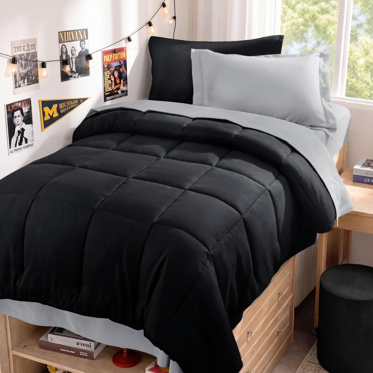 JOLLYVOGUE Twin Comforter Set, Ultra-Soft Bed in a Bag Twin Size 5 Pieces, Oeko-TEX Certified Bedding Set with Down Alternative Comforter, Sheets, Pillowcases & Shams, Dark & Light Grey