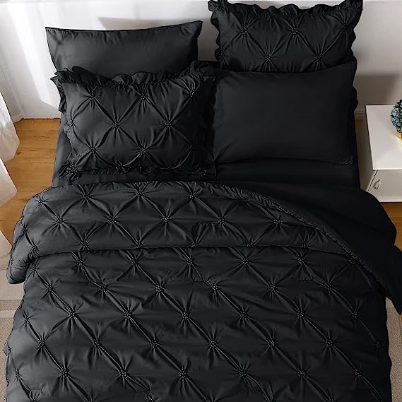 JOLLYVOGUE Comforter Set, Pintuck Black Bed in a Bag Comforter Set for Bedroom, Bedding Comforter Sets with Comforter, Sheets, Bed Skirt, Ruffled Shams & Pillowcases