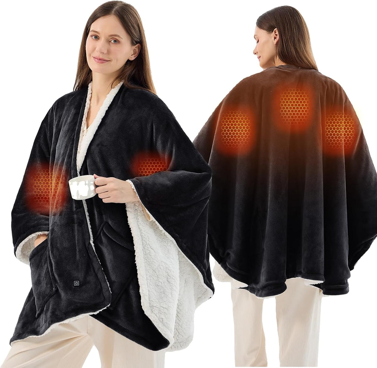 JOLLYVOGUE USB Heated Wearable Blanket Shawl, 55 x 60 Inch, Black