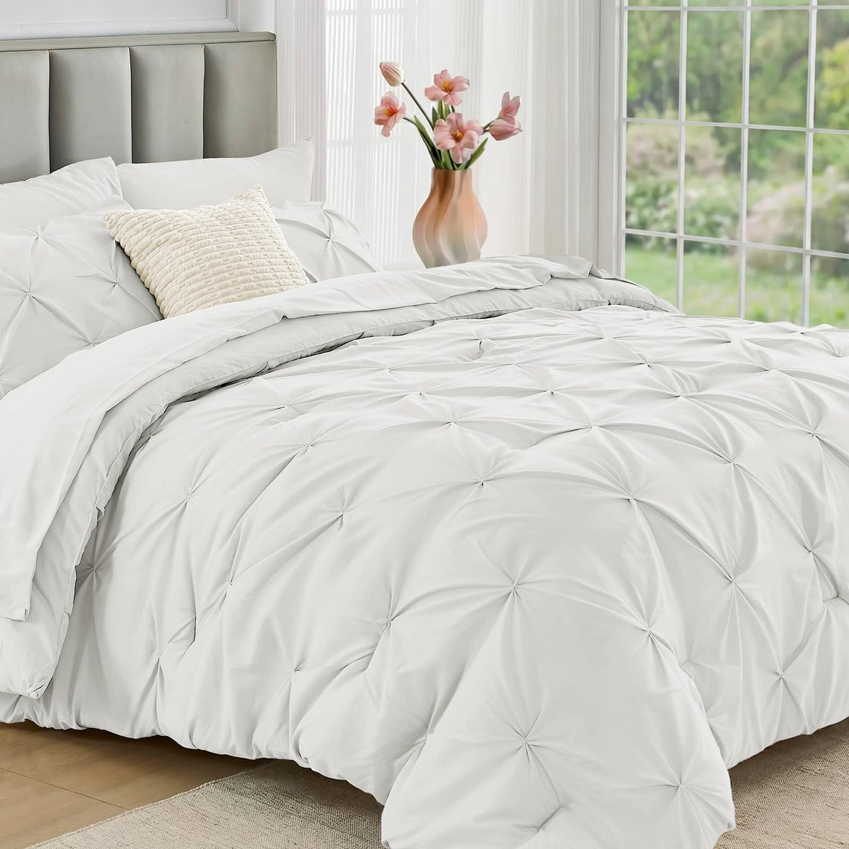 JOLLYVOGUE Twin Comforter Set 5 Pieces - Bed in a Bag Twin for All Season, Pintuck Bedding Comforter Sets with Comforter, Flat Sheet, Fitted Sheet and Pillowcases & Shams, Beige