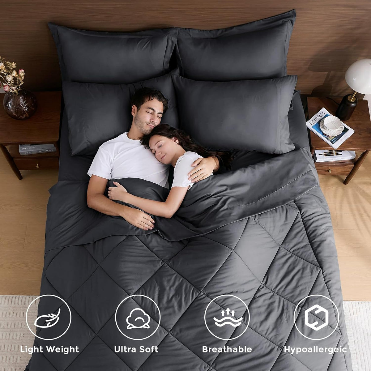HEVUMYI 7-Piece Queen Comforter Set, Dark Grey Bed in a Bag