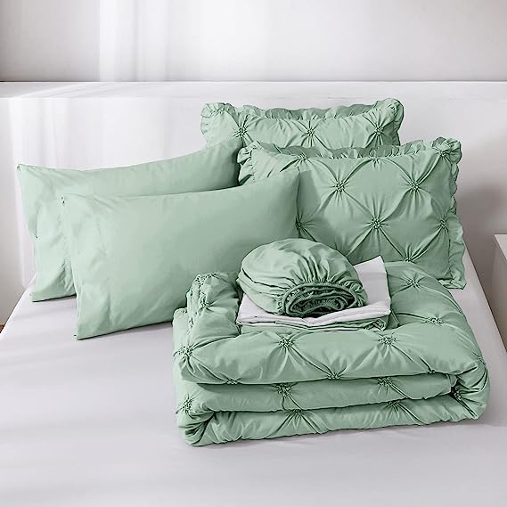 JOLLYVOGUE Comforter Set, Green Bed in a Bag Comforter Set for Bedroom, Bedding Comforter Sets with Comforter, Sheets, Bed Skirt, Ruffled Shams & Pillowcases