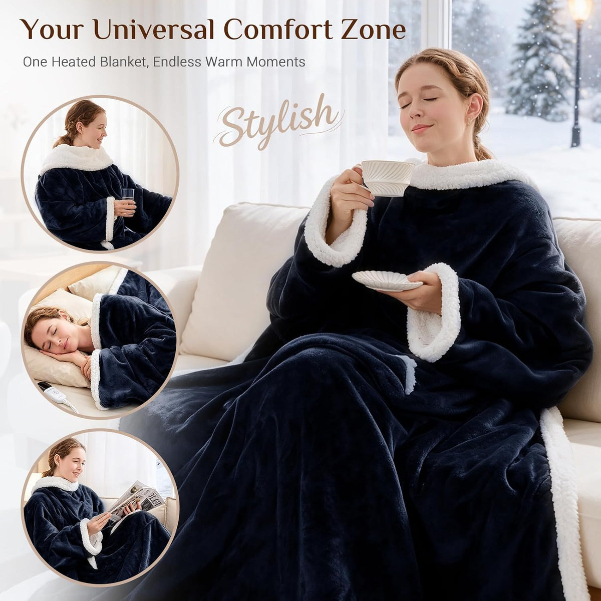 JOLLYVOGUE Wearable Heated Blanket - Heating Electric Blanket with Sleeves & Foot Pocket, Heated Throw for Adult, Birthday Gifts with 7 Heat Settings & Fixed 4h Auto Shut-Off (50 * 70 Inch, Blue)