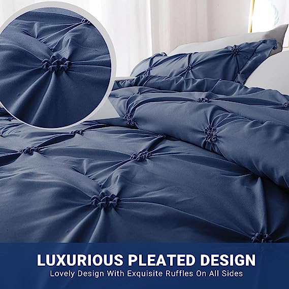 JOLLYVOGUE Comforter Set, Navy Blue/Gray Bed in a Bag Comforter Set for Bedroom, Bedding Comforter Sets with Comforter, Sheets, Bed Skirt, Ruffled Shams & Pillowcases