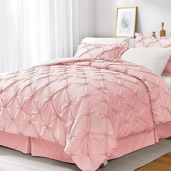 JOLLYVOGUE Comforter Set, Pink/Ivory Bed in a Bag Comforter Set for Bedroom, Bedding Comforter Sets with Comforter, Sheets, Bed Skirt, Ruffled Shams & Pillowcases