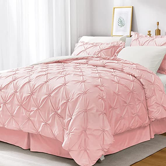 JOLLYVOGUE Comforter Set, Pink/Ivory Bed in a Bag Comforter Set for Bedroom, Bedding Comforter Sets with Comforter, Sheets, Bed Skirt, Ruffled Shams & Pillowcases