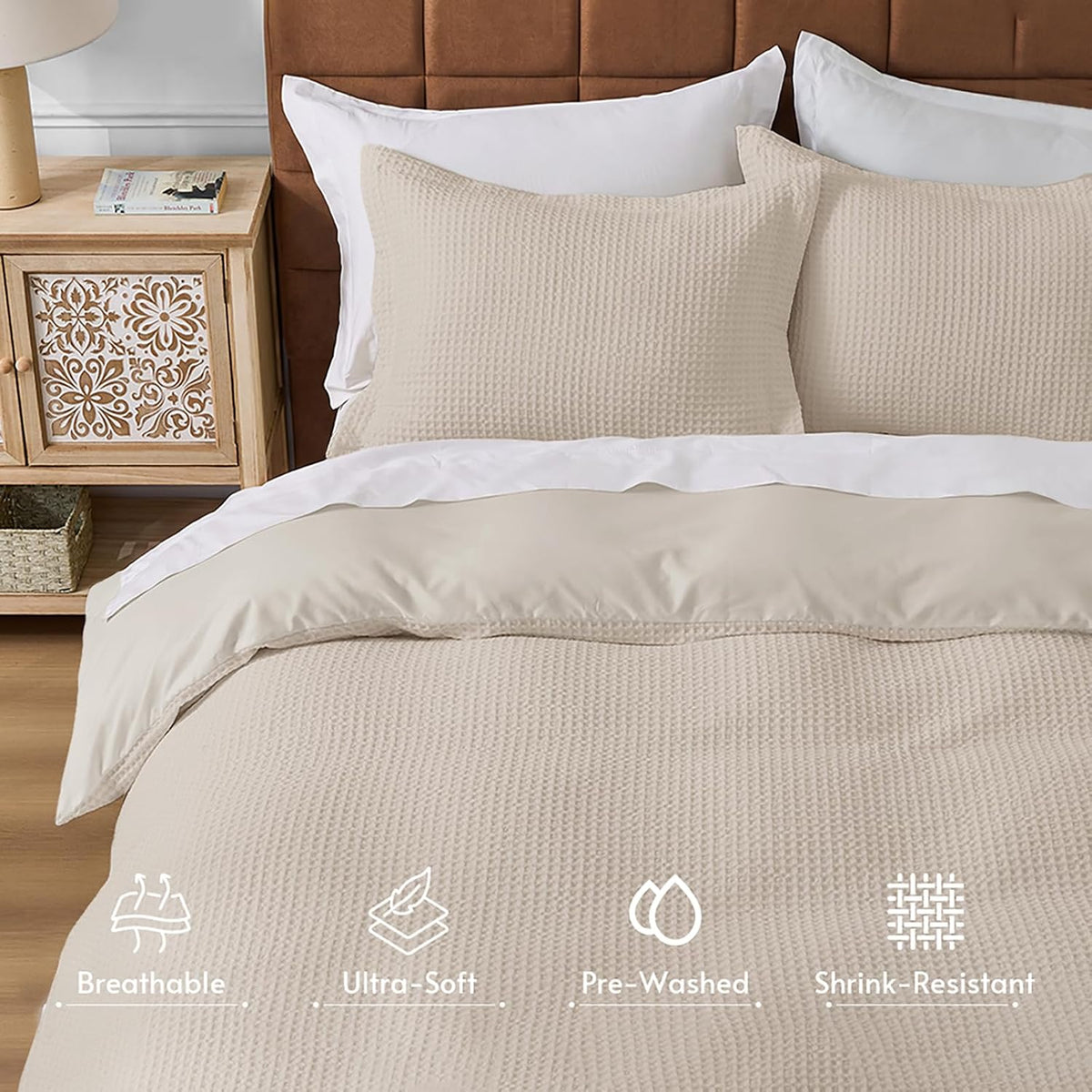 JOLLYVOGUE Waffle Wave Duvet Cover Set Queen Size, 3-Piece, Beige