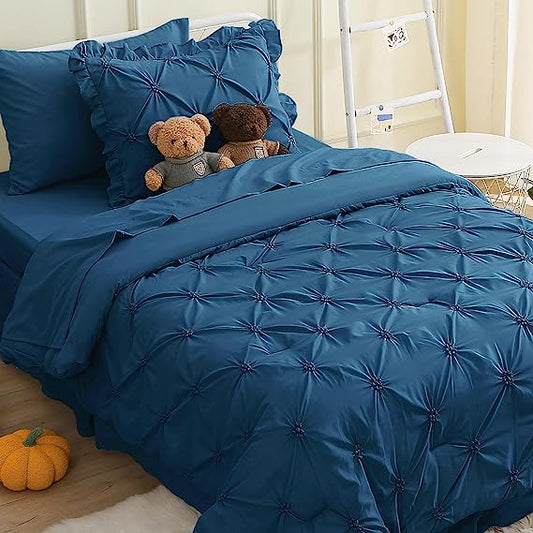 JOLLYVOGUE Comforter Set, Pintuck Teal Bed in a Bag Comforter Set for Bedroom, Bedding Comforter Sets with Comforter, Sheets, Bed Skirt, Ruffled Shams & Pillowcases