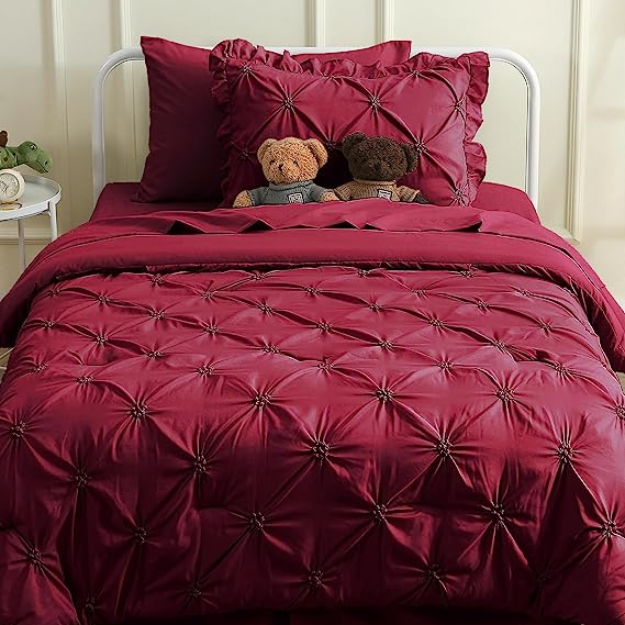 JOLLYVOGUE Comforter Set, Dark Red Bed in a Bag Comforter Set for Bedroom, Bedding Comforter Sets with Comforter, Sheets, Bed Skirt, Ruffled Shams & Pillowcases