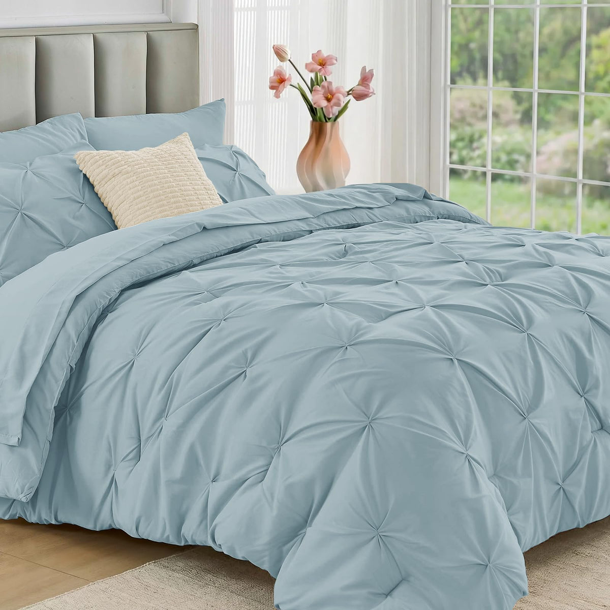JOLLYVOGUE Twin Comforter Set 5 Pieces - Bed in a Bag Twin for All Season, Pintuck Bedding Comforter Sets with Comforter, Flat Sheet, Fitted Sheet and Pillowcases & Shams, Beige
