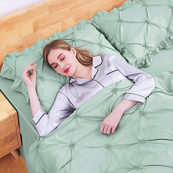 JOLLYVOGUE Comforter Set, Green Bed in a Bag Comforter Set for Bedroom, Bedding Comforter Sets with Comforter, Sheets, Bed Skirt, Ruffled Shams & Pillowcases