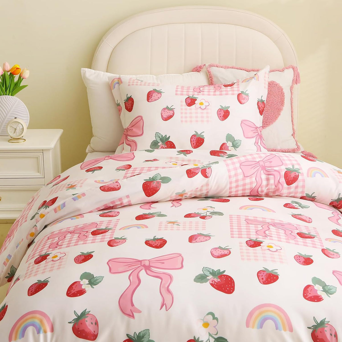 JOLLYVOGUE Kids Duvet Cover Set Twin/Twin XL, Pink Bowknot, 2-Piece
