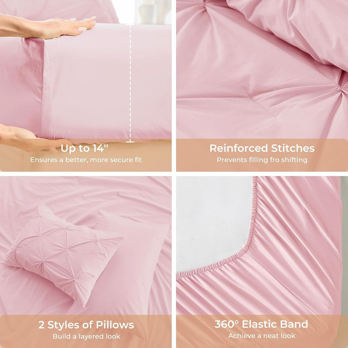 Sasttie Twin Comforter Set, 5-Piece Bed in a Bag, Pintuck Bedding Sets for All Season, Includes Comforter, Flat Sheet, Fitted Sheet, Pillowcase and Pillowsham, Baby Pink