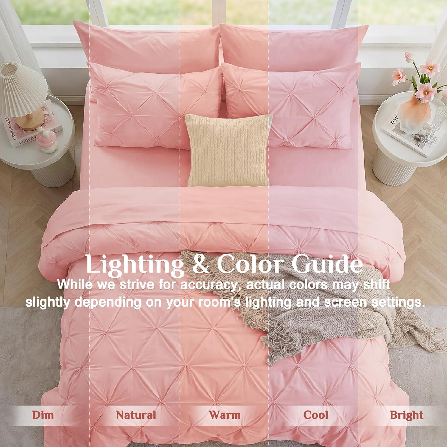 JOLLYVOGUE Queen Comforter Set 7 Pieces - Bed in a Bag Queen for All Season, Pintuck Bedding Comforter Sets with Comforter, Flat Sheet, Fitted Sheet and Pillowcases & Shams, Pink