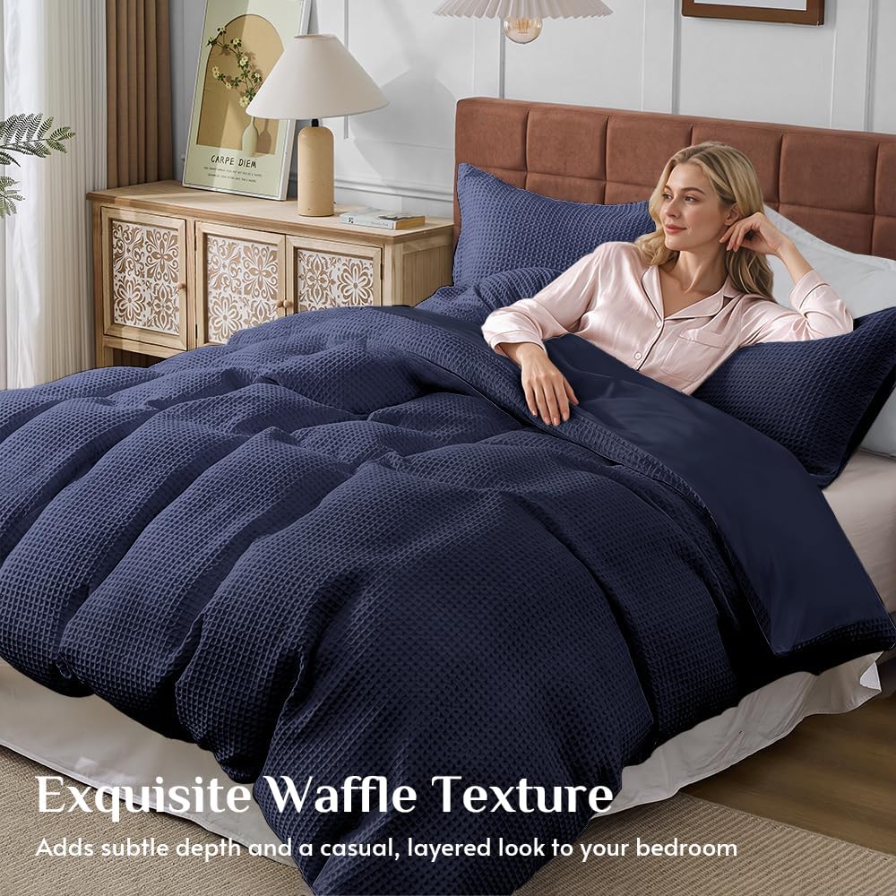 JOLLYVOGUE Waffle Wave Duvet Cover Set Queen Size, 3-Piece, Navy