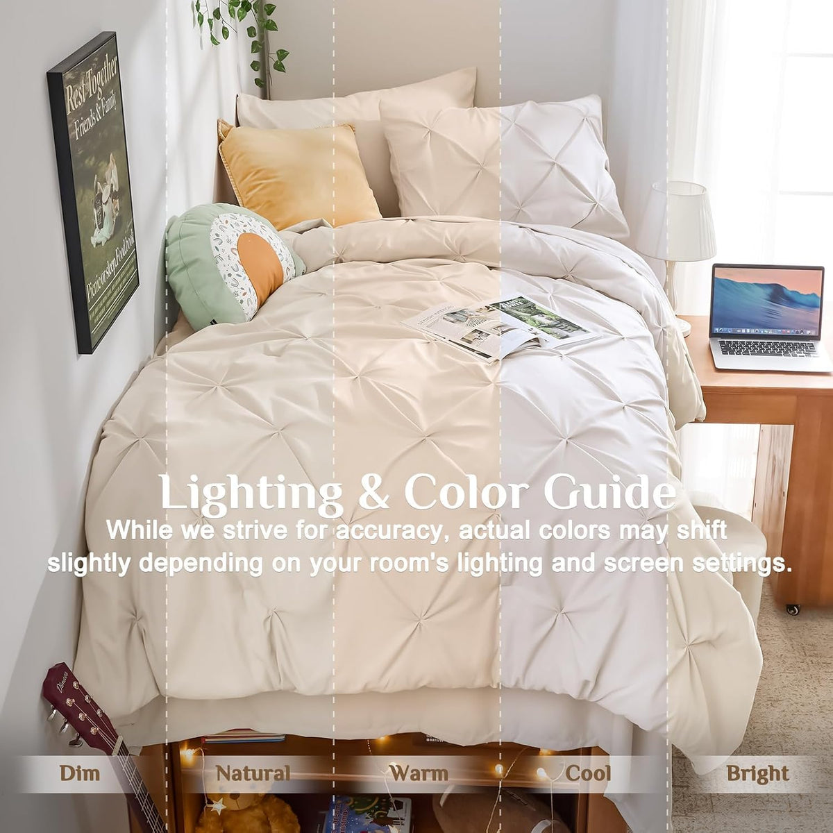 JOLLYVOGUE Twin Comforter Set 5 Pieces - Bed in a Bag Twin for All Season, Pintuck Bedding Comforter Sets with Comforter, Flat Sheet, Fitted Sheet and Pillowcases & Shams, Beige