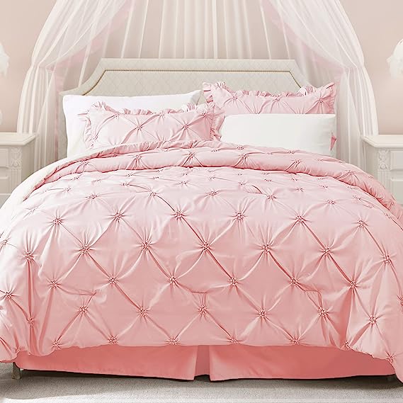 JOLLYVOGUE Comforter Set, Pink/Ivory Bed in a Bag Comforter Set for Bedroom, Bedding Comforter Sets with Comforter, Sheets, Bed Skirt, Ruffled Shams & Pillowcases