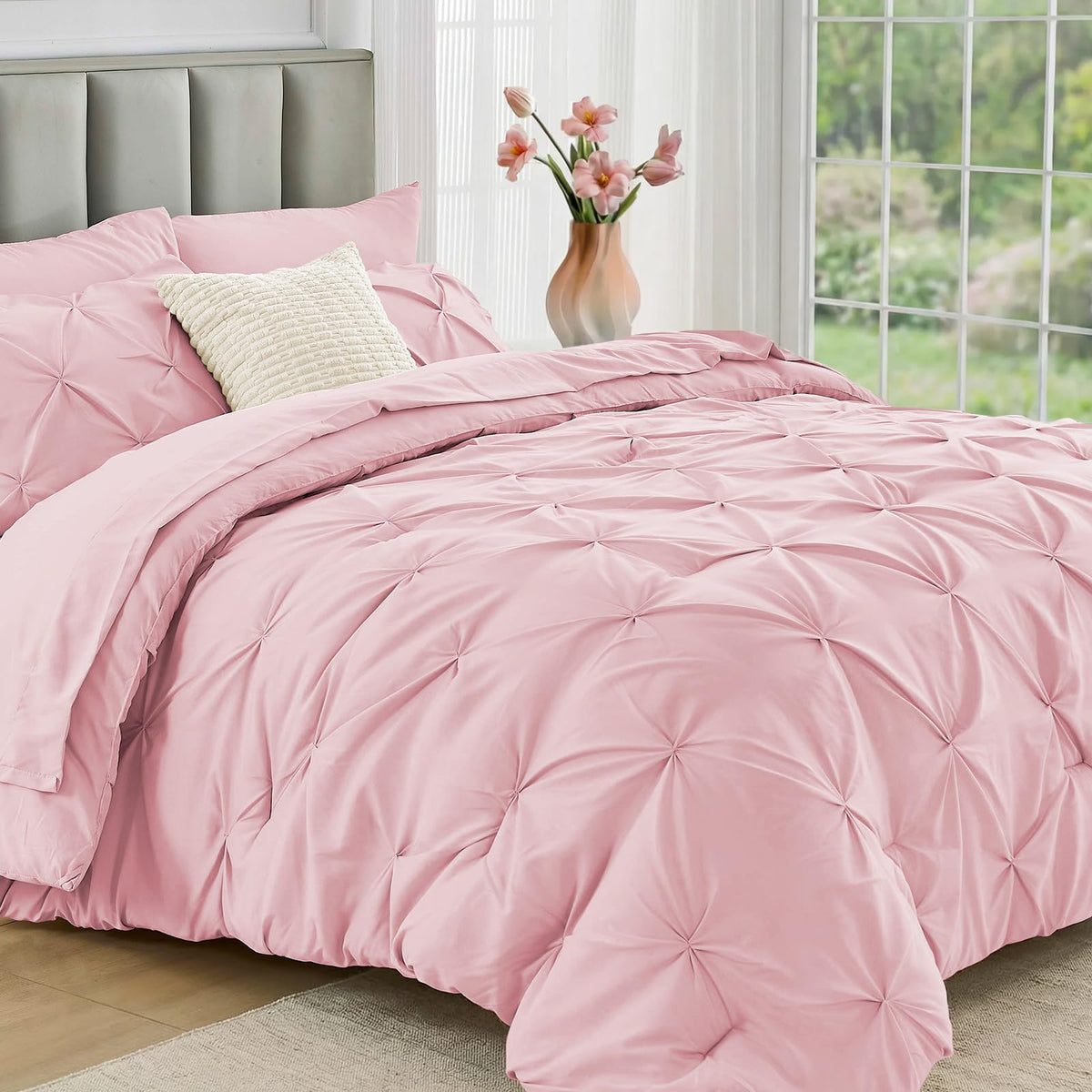 JOLLYVOGUE Twin Comforter Set 5 Pieces - Bed in a Bag Twin for All Season, Pintuck Bedding Comforter Sets with Comforter, Flat Sheet, Fitted Sheet and Pillowcases & Shams, Beige