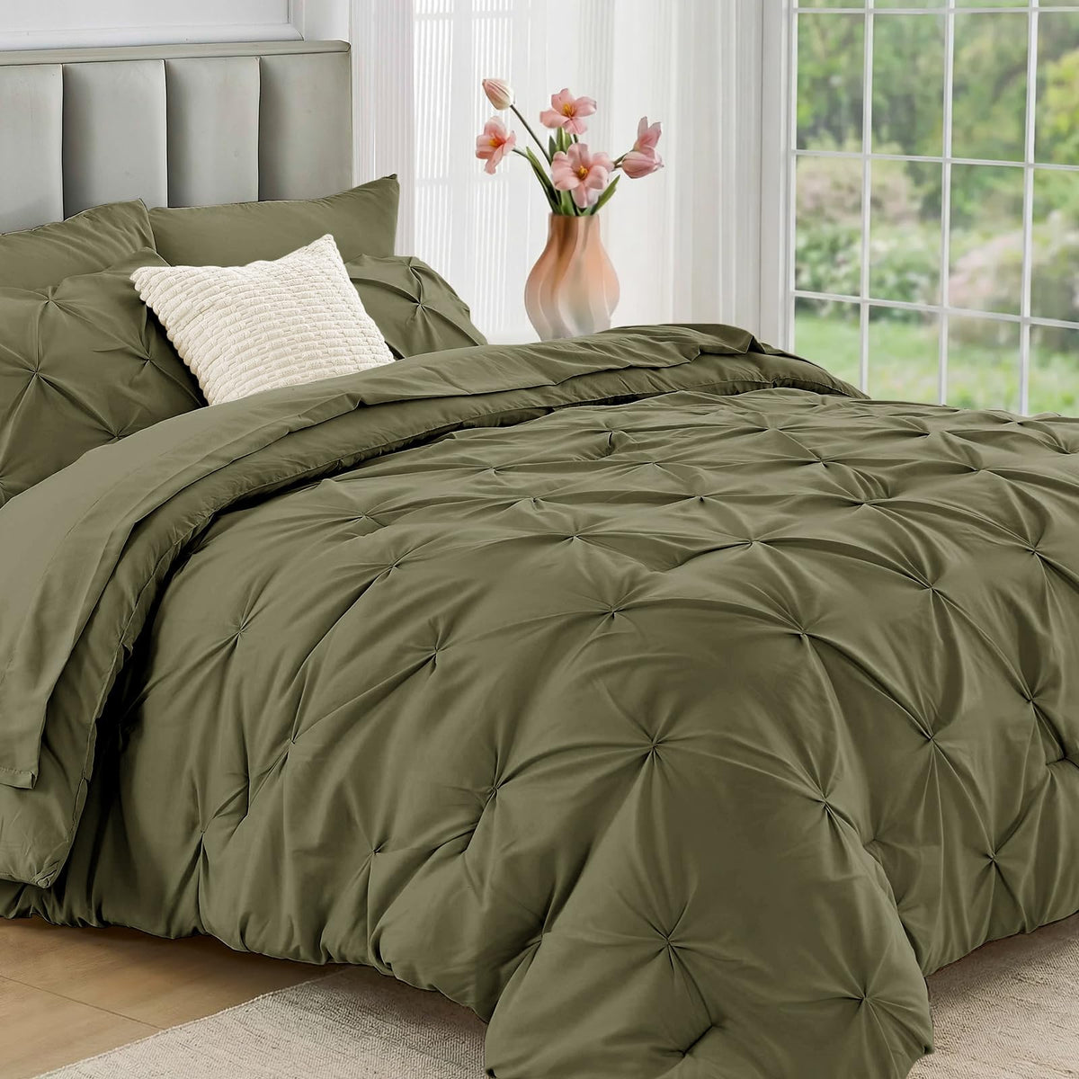 JOLLYVOGUE Twin Comforter Set 5 Pieces - Bed in a Bag Twin for All Season, Pintuck Bedding Comforter Sets with Comforter, Flat Sheet, Fitted Sheet and Pillowcases & Shams, Beige