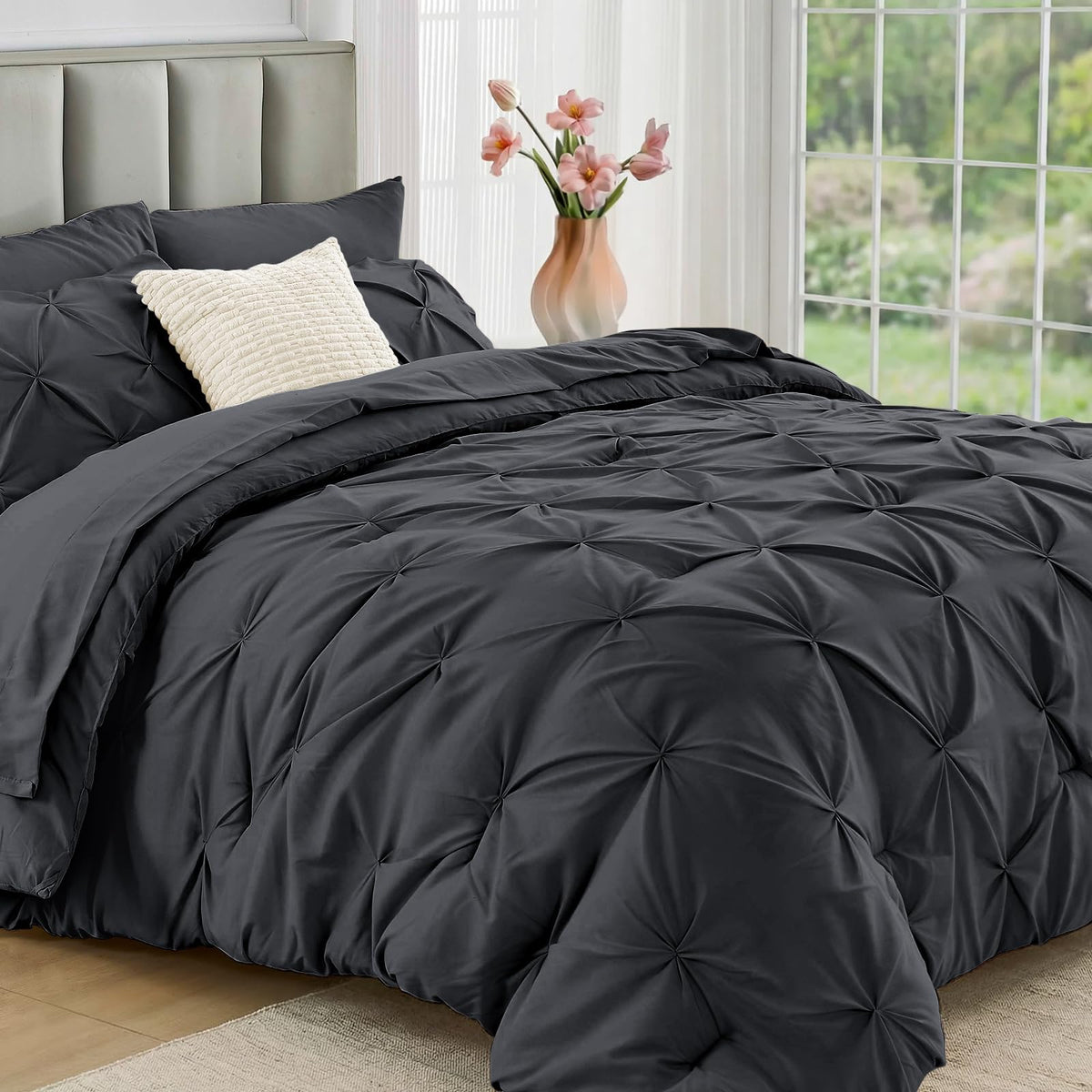 JOLLYVOGUE Twin Comforter Set 5 Pieces - Bed in a Bag Twin for All Season, Pintuck Bedding Comforter Sets with Comforter, Flat Sheet, Fitted Sheet and Pillowcases & Shams, Beige