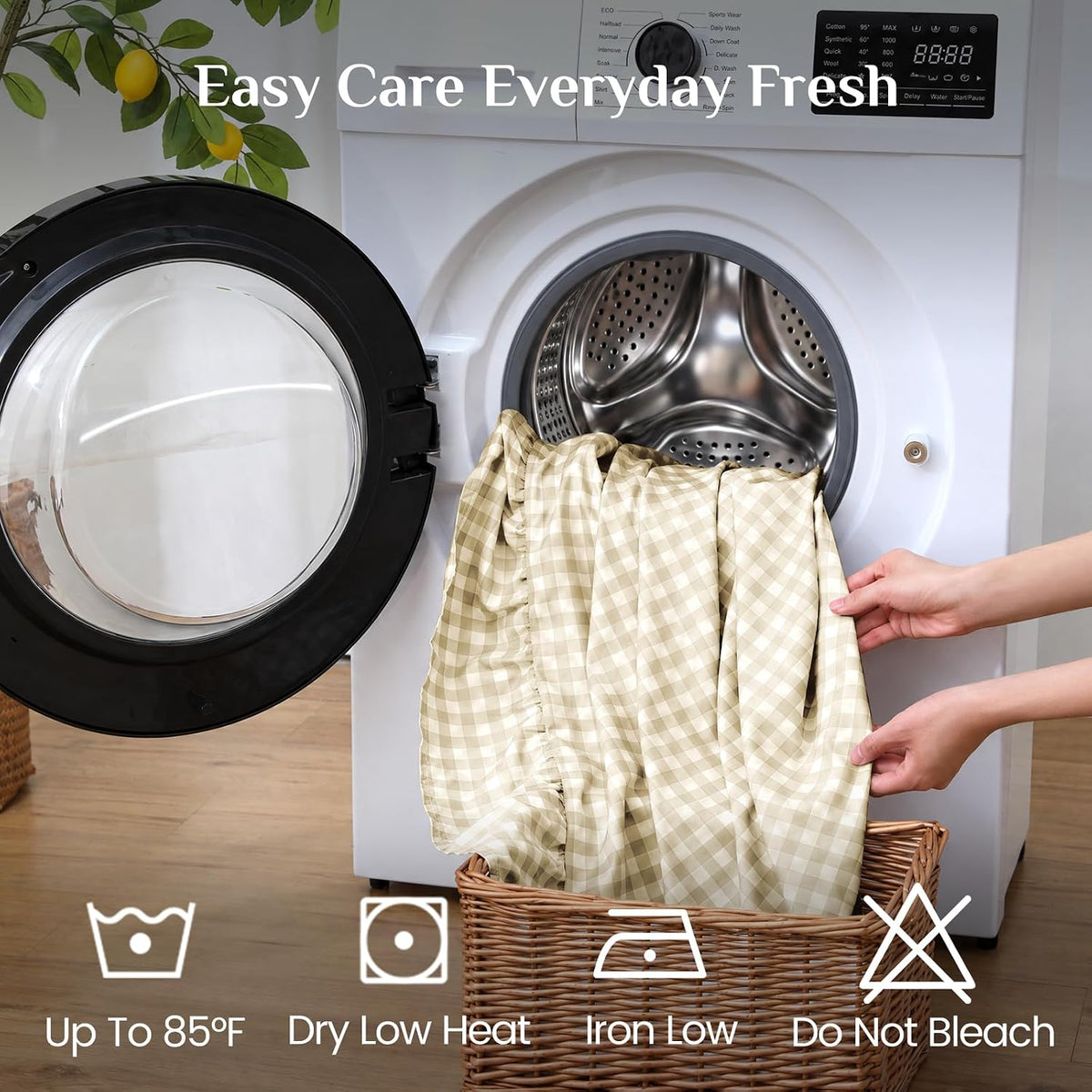 JOLLYVOGUE Beige Gingham Sheet Set Full, 4-Piece Ruffle Bedding
