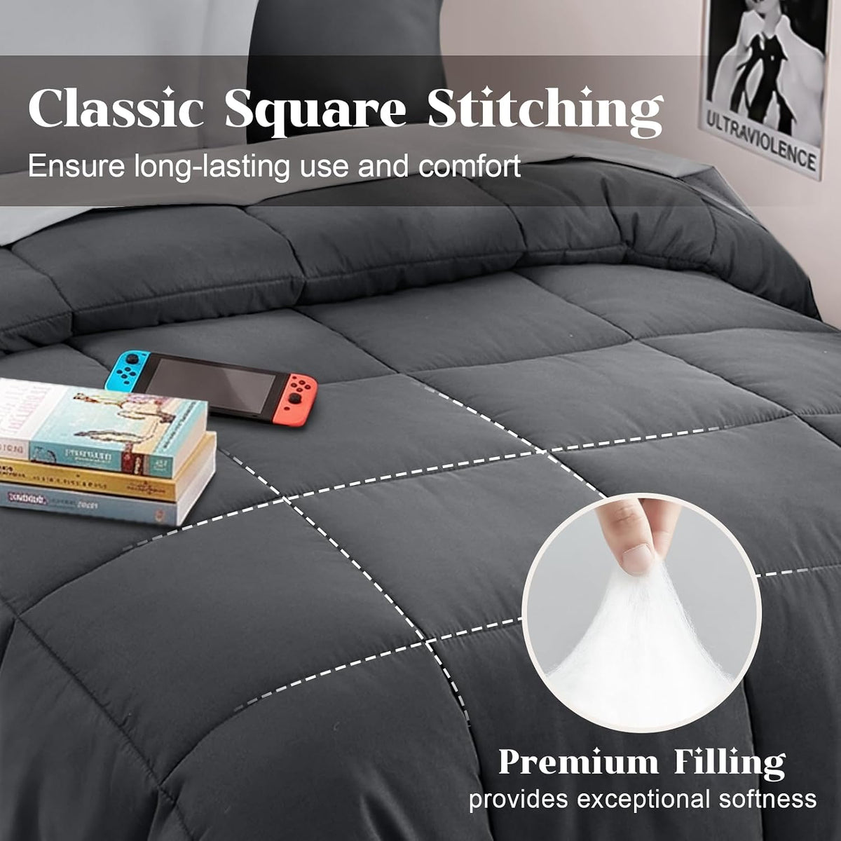 JOLLYVOGUE Twin Comforter Set, Ultra-Soft Bed in a Bag Twin Size 5 Pieces, Oeko-TEX Certified Bedding Set with Down Alternative Comforter, Sheets, Pillowcases & Shams, Dark & Light Grey