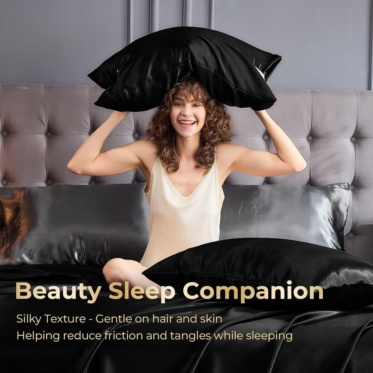 Sasttie Satin Sheets Black Queen Size - 4 Pieces Luxury Soft Black Silky Bed Sheets Set with Pillowcases - Smooth Silk-Like Satin Fwabric, Reinforced 14 Inches Pocket, Oeko-Tex Certified